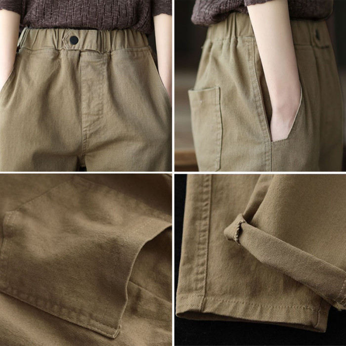 Casual Solid Elastic High Waist Harem Pants Women Vintage Cotton Ankle-Length Pants 2021 New Harajuku Loose Trousers Female