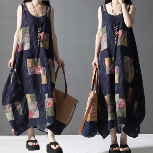 2021 Summer New Women's Ethnic Style Loose Plus Size Cotton Linen Printed Long Dress Seeveless Vest Dress Retro Femme Robe aq628