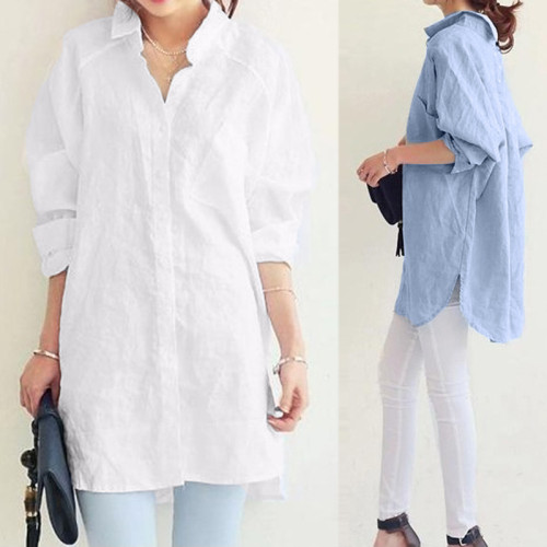 Women's Cotton Casual Blouse 2021  Elegant Shirts Long Sleeve Blusas Female Lapel Split Tunic Baggy Chemise Oversized