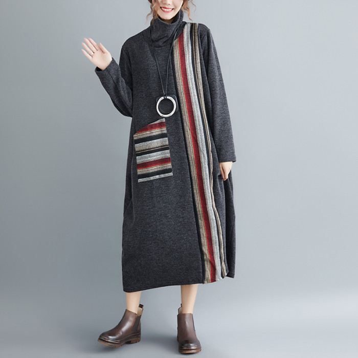 Thick Autumn Winter Dress Women Casual Loose Striped Patchwork Front Pocket Long Midi Turtleneck Dresses Plus Size