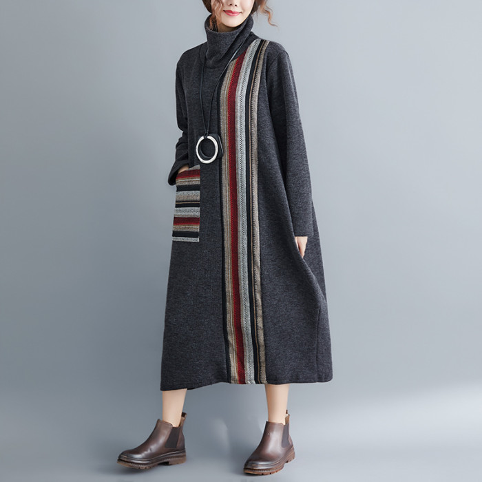 Thick Autumn Winter Dress Women Casual Loose Striped Patchwork Front Pocket Long Midi Turtleneck Dresses Plus Size