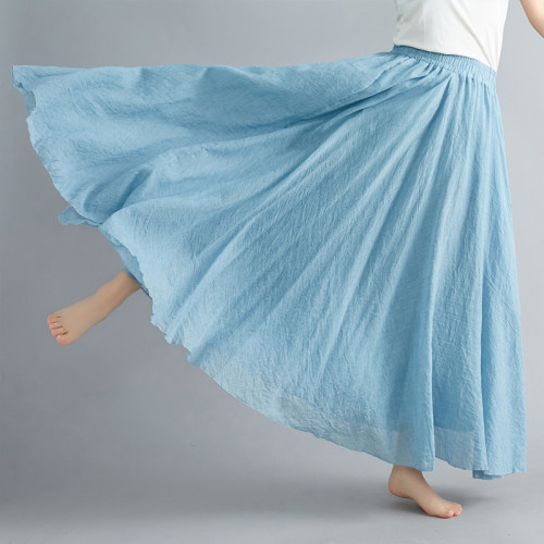 Elastic Waist Pleated Big Swing Linen Cotton Long Skirts