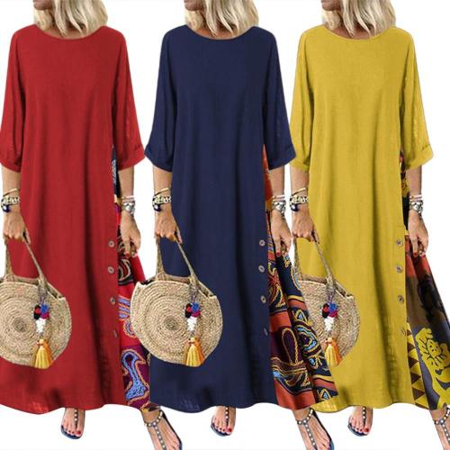2021 Hot Sell Off Plus Size Women Vintage O Neck 3/4 Sleeve Side Buttons Printed Loose Long Dress Oriental Dresses