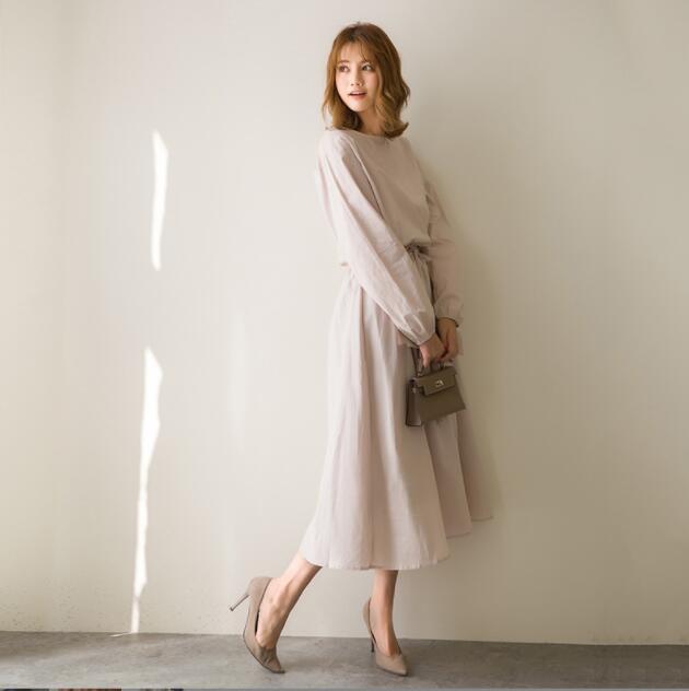 Women Spring Autumn Fashion Long Sleeve Elastic Waist Large Size High Quality Cotton Linen Lady Korean Solid Color Simple Dress