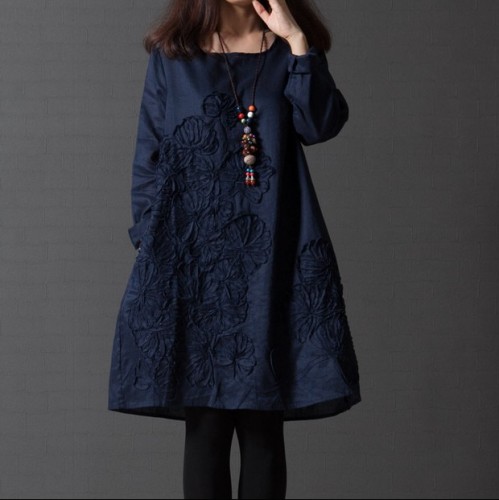 Spring New 2021 Women dress National Style Embroidery long-sleeved dresses cotton linen vestidos A line robe femme free shipping