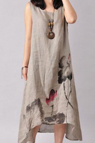 Summer Elegant Sleeveless Floral Print Cotton Linen Dress