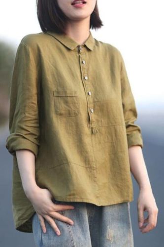 Cotton and Linen Shirt New Loose Casual Solid Color Women Long Sleeve Womens Tops and Blouses