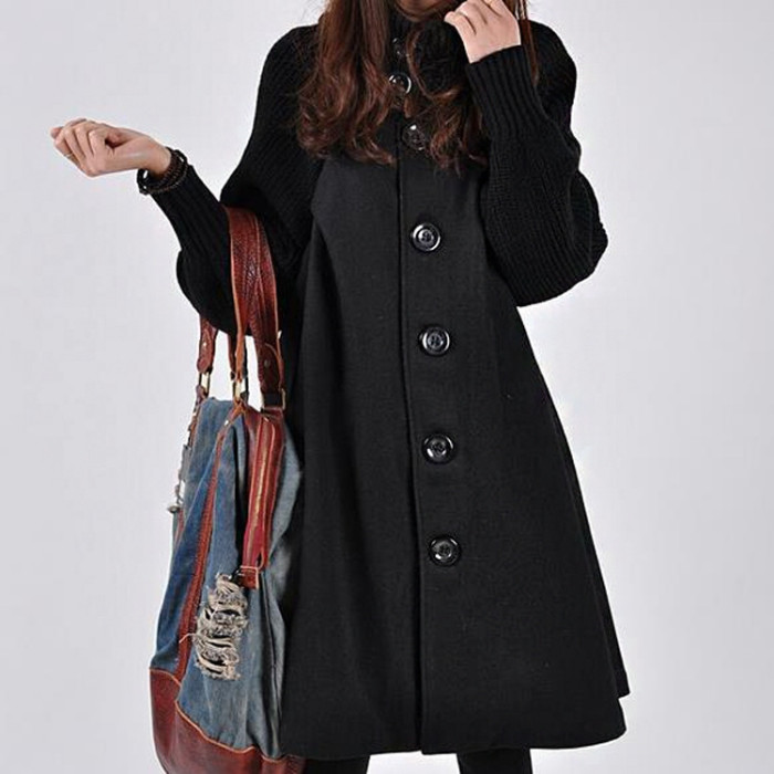 Autumn Winter Clothes Loose plus Size Long Woolen Cape Coat Women knitted Sleeve Patchwork Single breasted Wool Overcoat