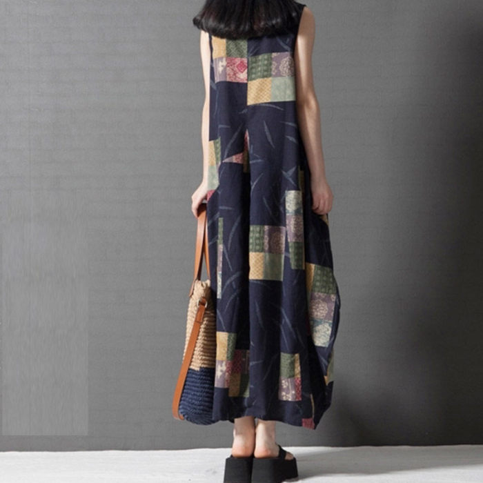 Women's Ethnic Style Loose Plus Size Cotton Linen Printed Long Dress