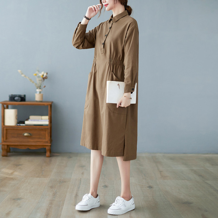 2021 New Arrival Korea Style Cotton Linen Pockets Fashion Blouse Dress Women Casual Spring Autumn Dress Office Lady Work Dress