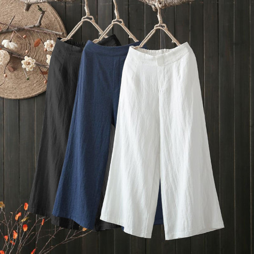 Cotton linen pants women's plus size solid color harem pants elastic waist loose casual women's linen trousers