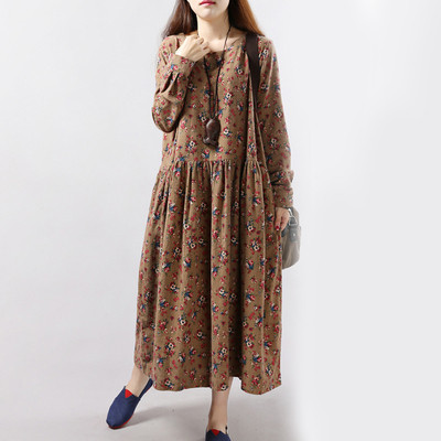 Brand Long Dress Women 2021 Autumn Winter Clothing Plus Size 2XL Korean Fashion Print Loose Long Sleeve Dresses Add Wool