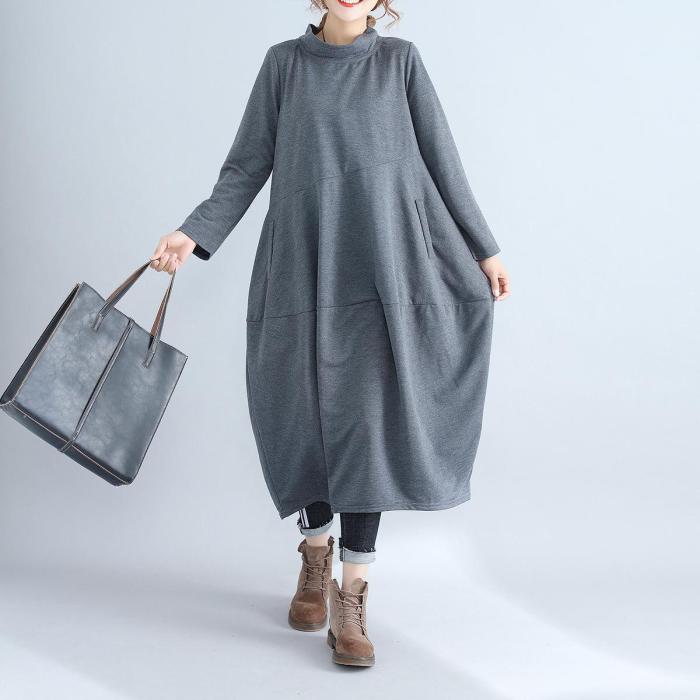 Johnature Women Turtleneck Dress Brief 2021 Spring Autumn New Casual Long Sleeve Pullover Loose Robe Cotton Women Soft Dresses