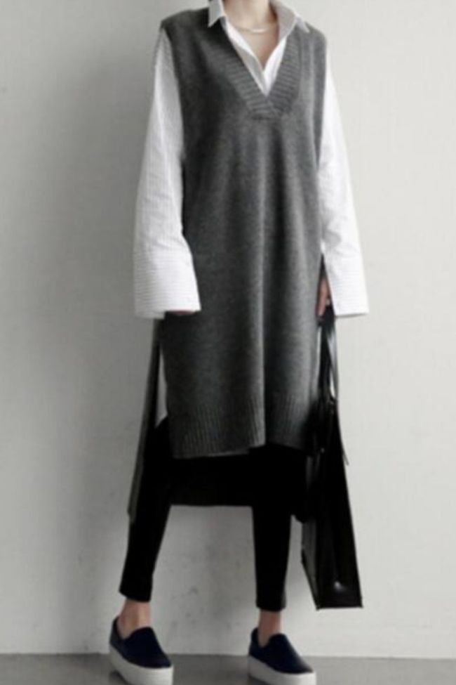 2021 Wind Sweater Vest Short Front and Back Long Vest Skirt Knitted V-neck Thickened Mid-length Sweater Skirt