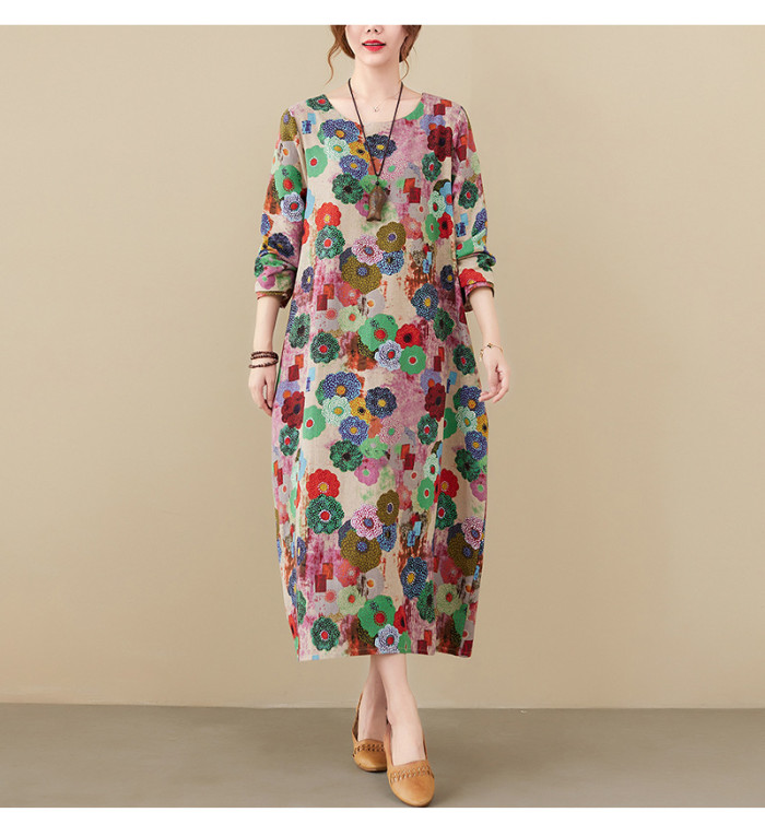 Long Sleeve Cotton Linen Vintage Print Dresses For Women Spring Autumn Loose Casual Midi Dress