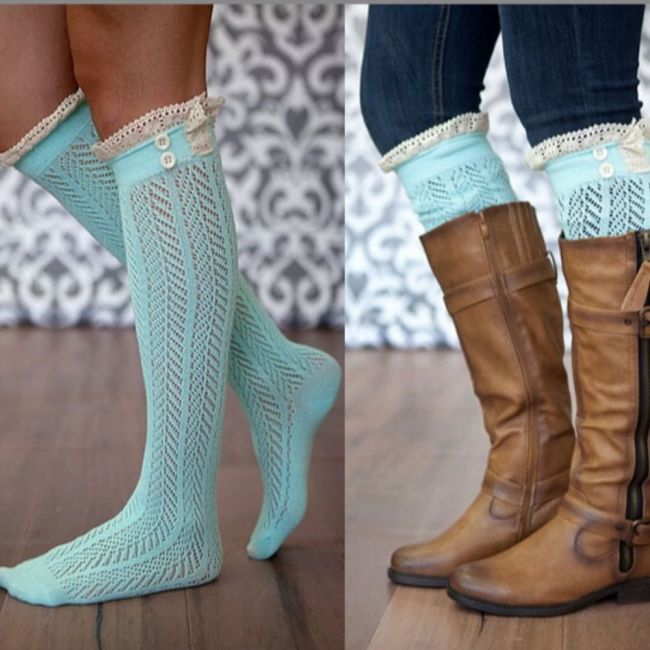 Women Girls Winter Leg Warmers Button Boot Socks with Lace Trim Kintting Knee High Hollow Out Socks