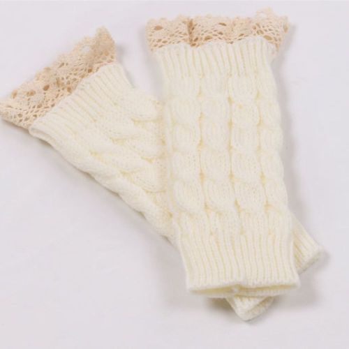 Winter Autumn Women Fashion Lace Trims Long Fingerless Knitted Crochet Mitten Wrist Warmer Gloves Wrist Arm Hand Warmer