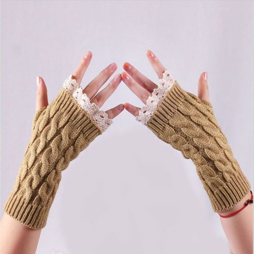 Winter Autumn Women Fashion Lace Trims Long Fingerless Knitted Crochet Mitten Wrist Warmer Gloves Wrist Arm Hand Warmer
