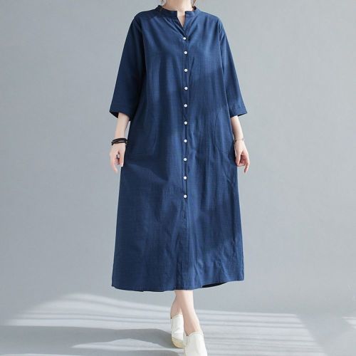 Cotton Linen Vintage for Women Casual Loose Long Summer Shirt Dress Elegant Clothes