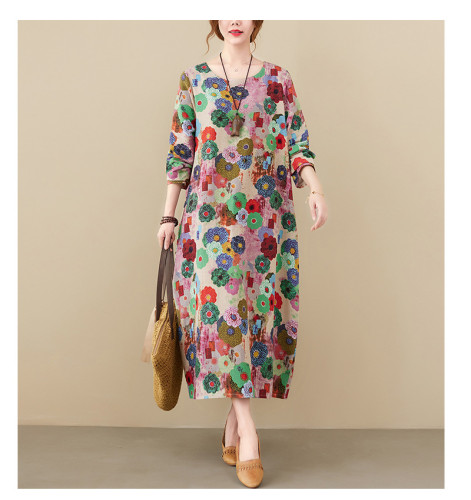 Long Sleeve Cotton Linen Vintage Print Dresses For Women Spring Autumn Loose Casual Midi Dress Femme Elegant Clothing