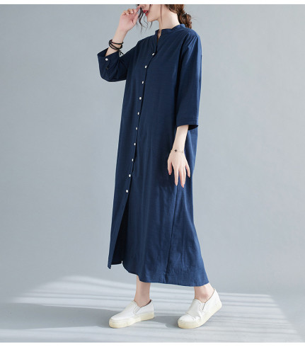 Cotton Linen Vintage for Women Casual Loose Long Summer Shirt Dress Elegant Clothes