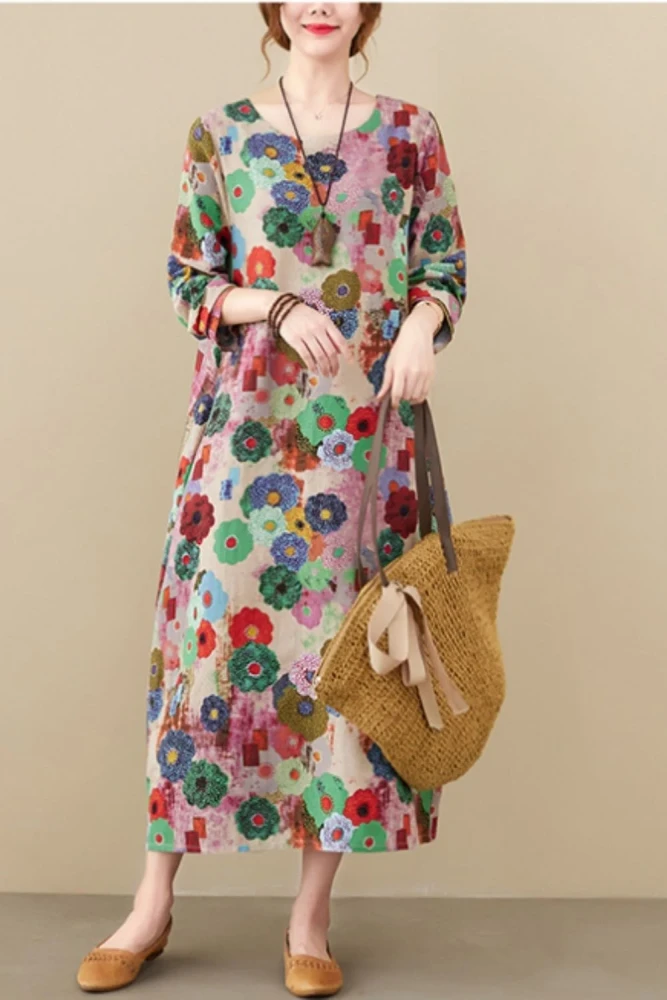 Long Sleeve Cotton Linen Vintage Print Dresses For Women Spring Autumn Loose Casual Midi Dress