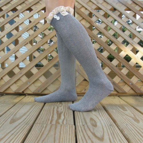 Women Girls Winter Leg Warmers Button Boot Socks with Lace Trim Kintting Knee High Hollow Out Socks