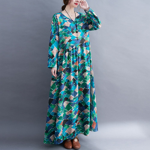 Long Sleeve Loose Print Floral Long Maxi Casual Dress