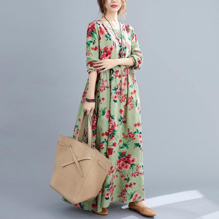Spring Autumn Women Floral Print Dress Multi Color O-Neck Long Sleeve Vintage Casual Dress Loose Beach Holiday Dresses