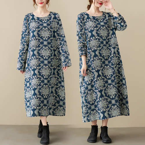 2022 New Arrival Autumn Dress Cotton Linen Long Sleeve Print Vintage Dress Plus Size Women Casual Loose Spring Dress