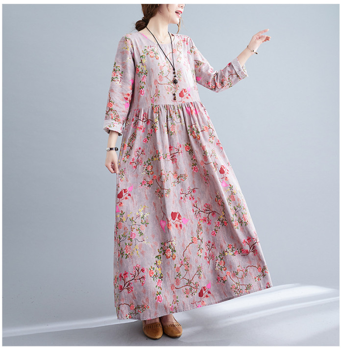 Women Cotton Linen Long Dress New 2022 Spring Autumn Vintage Style Floral Print Loose Comfortable Female A-line Casual Dresses