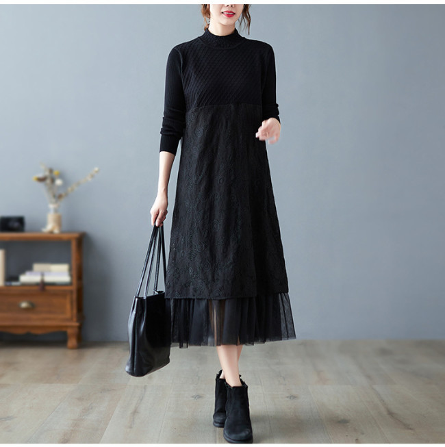 Black Mesh Embroidery Knitted Midi Sweater Dress Women Vintage Solid Casual  Dress 2022 Elegant Bodycon Party Vestido