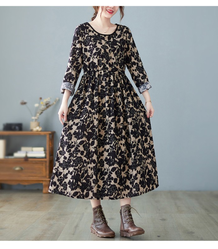 Fashion 2022 New Women Dresses Casual Cotton Linen Spring Summer Dress Long Sleeve O-Neck Loose Print Vintage Long Dress