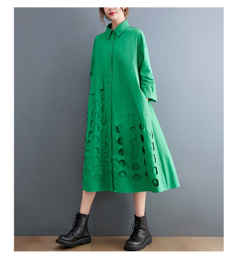 Polka Dot Hollow Out Shirt Dresses For Women Fashion Long Sleeve Loose Casual Midi Dress Elegant Clothes Spring Autumn 2022