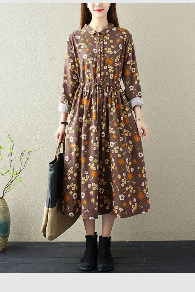 2022 New Spring  Autumn Woman Dress Loose Vintage Waist tie Dresses vestido de mulher Robe Small floral Long Dress