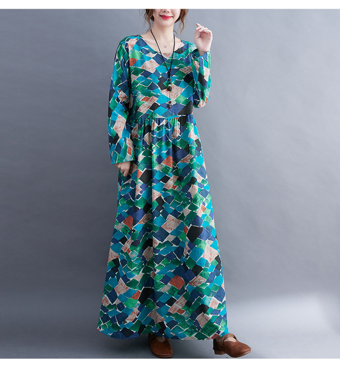 2022 New Arrival Long Sleeve Loose Spring  Autumn Dress Print Floral Long Maxi Women Spring Casual Dress Office Lady OL Work Dress