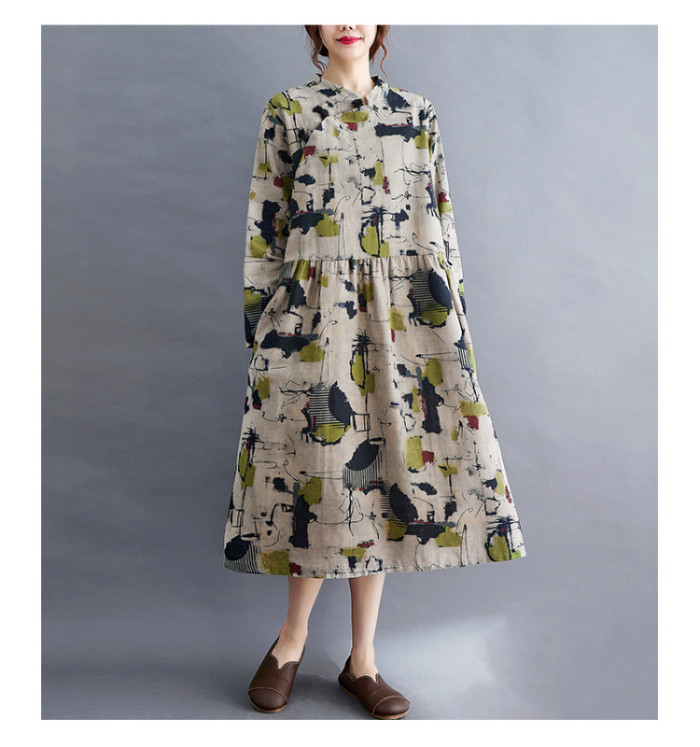 Cotton Linen Print Floral Vintage Dress 2022 New Arrival Loose Women  Casual Dress Draw String Office Lady Work Dress
