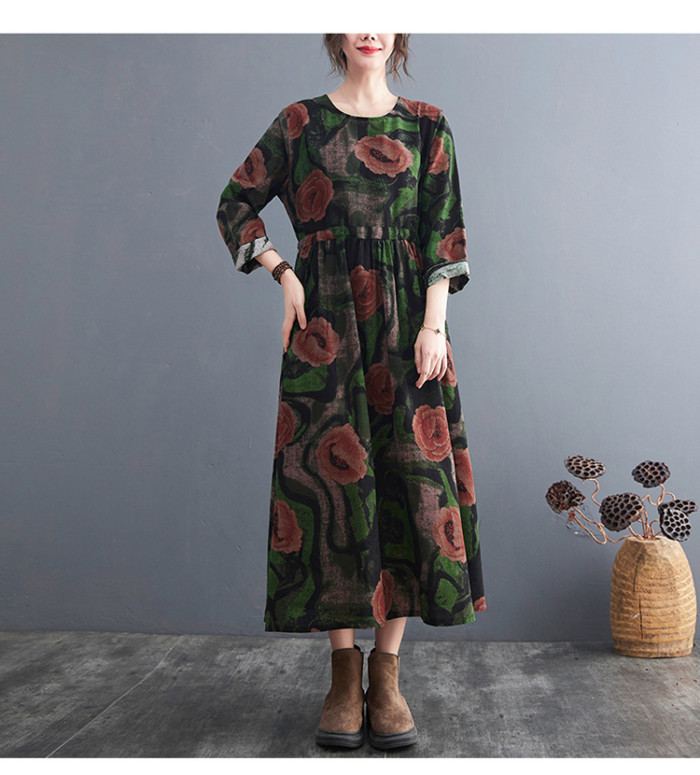 2022 New Arrival Tie Dye Print Fashion Women Casual Autumn Dress Cotton Linen Office Lady Work Dress Women Spring Midi Dress
