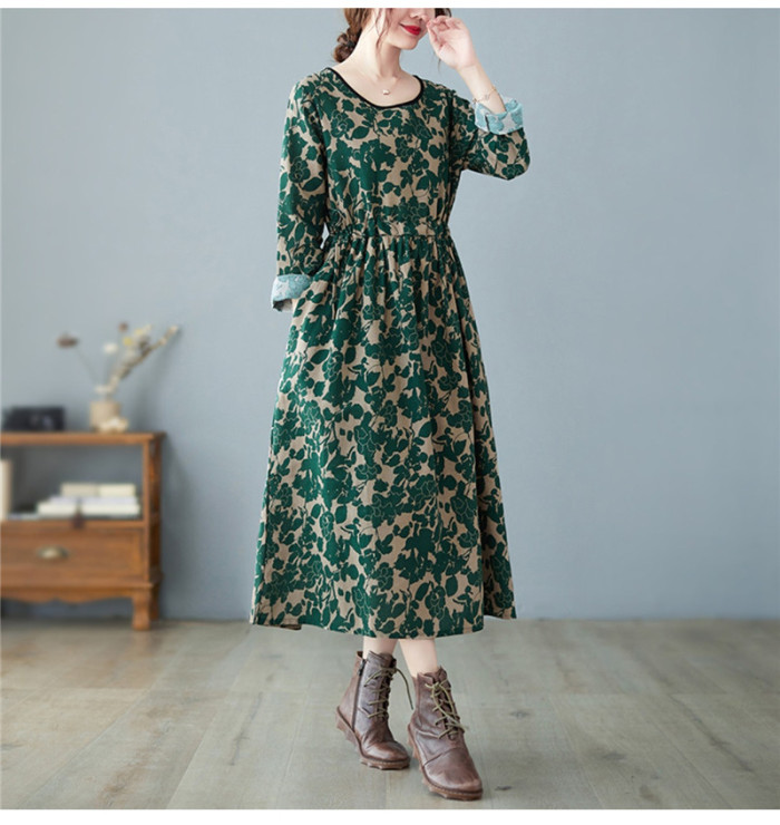 Fashion 2022 New Women Dresses Casual Cotton Linen Spring Summer Dress Long Sleeve O-Neck Loose Print Vintage Long Dress