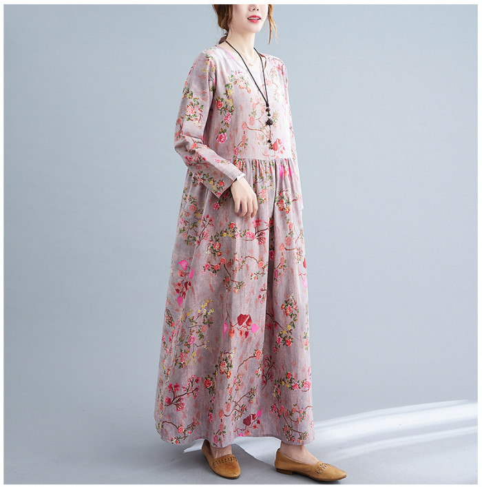 Women Cotton Linen Long Dress New 2022 Spring Autumn Vintage Style Floral Print Loose Comfortable Female A-line Casual Dresses
