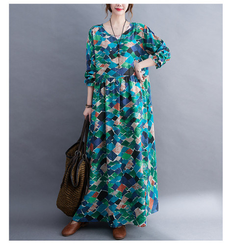2022 New Arrival Long Sleeve Loose Spring  Autumn Dress Print Floral Long Maxi Women Spring Casual Dress Office Lady OL Work Dress