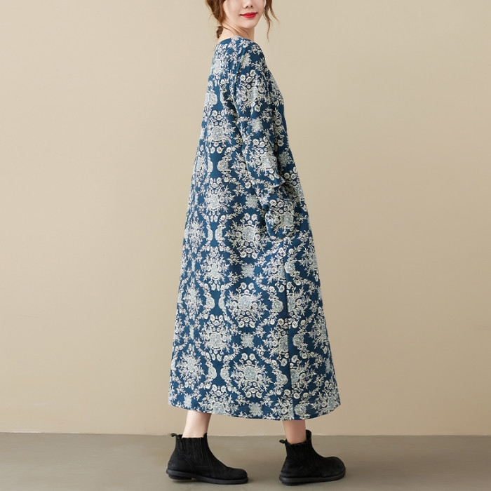 2022 New Arrival Autumn Dress Cotton Linen Long Sleeve Print Vintage Dress Plus Size Women Casual Loose Spring Dress