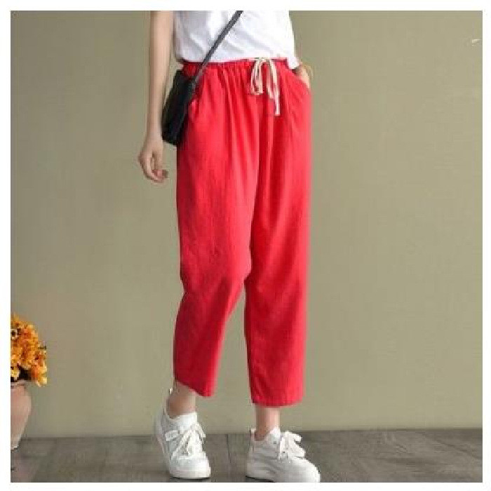 New Autumn Cotton Linen Pants Capri Women Loose Classic White Mid Waisted Pants for Women Solid Calf-length Pink Pencil Trousers
