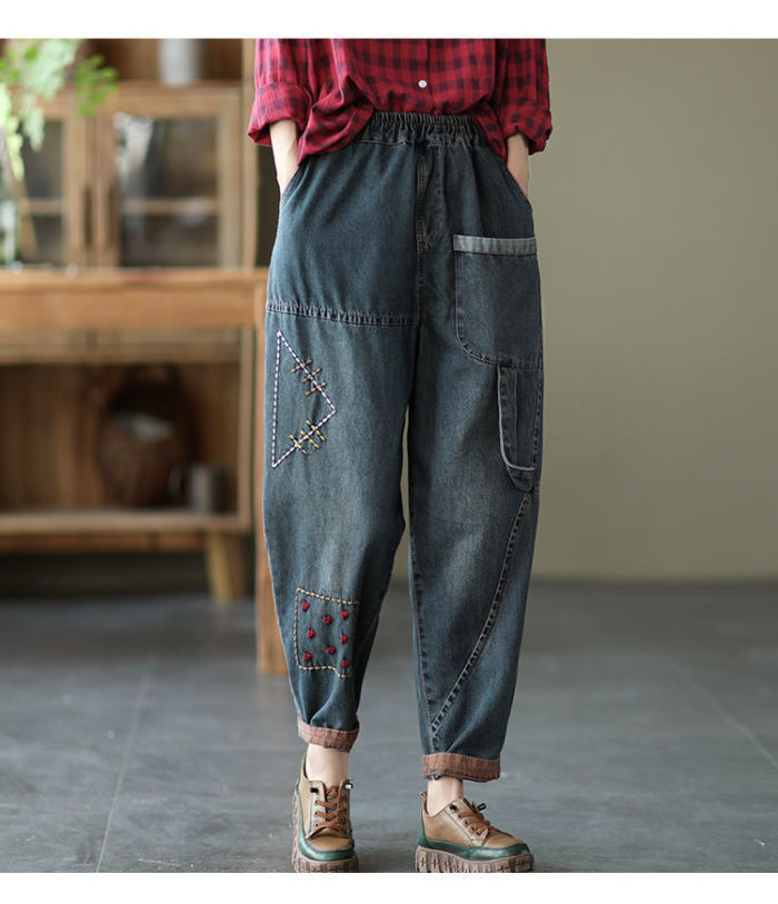 Women Loose Casual Elastic Waist pocket Design All-matched Denim Patchwork Jeans