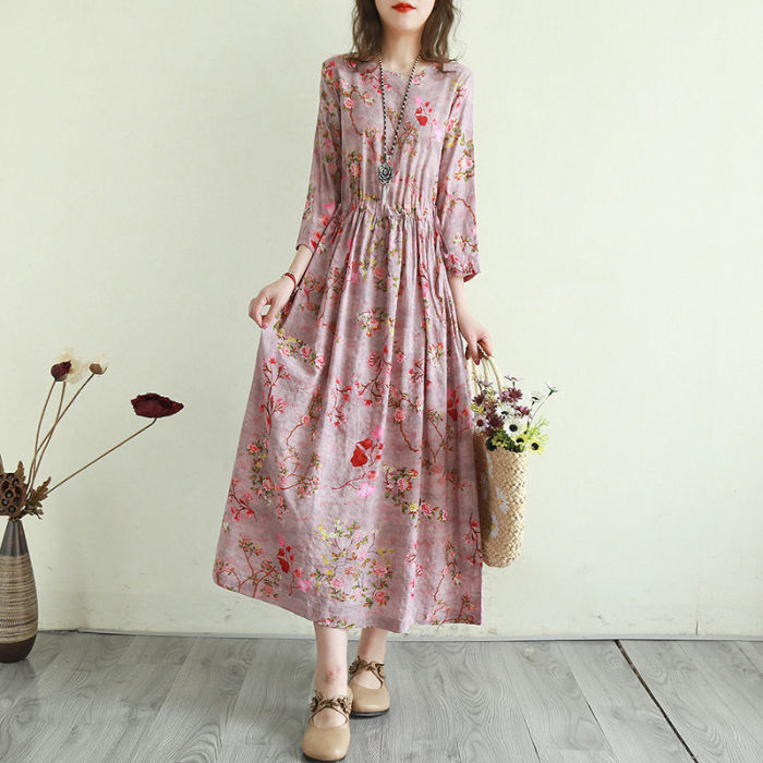 Women Summer Cotton Linen Casual Dress New 2022 Vintage Style Floral Print Loose Comfortable Ladies Elegant Long Dresses