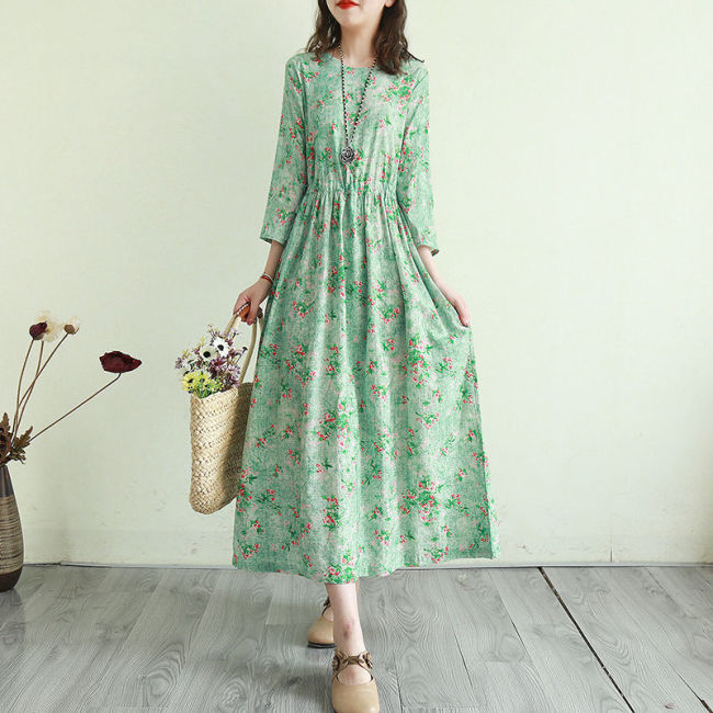 Women Summer Cotton Linen Casual Dress New 2022 Vintage Style Floral Print Loose Comfortable Ladies Elegant Long Dresses