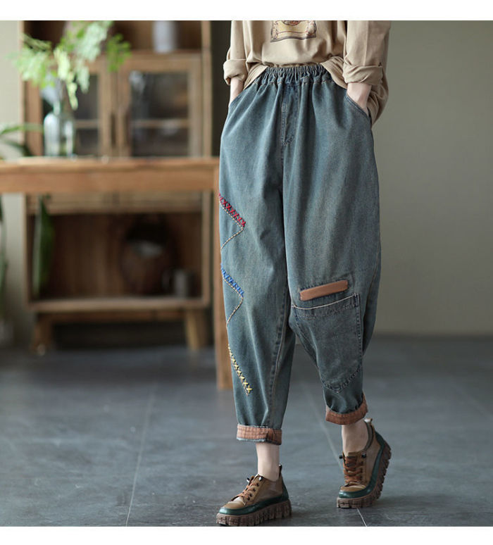 Women Loose Casual Elastic Waist pocket Design All-matched Denim Patchwork Jeans