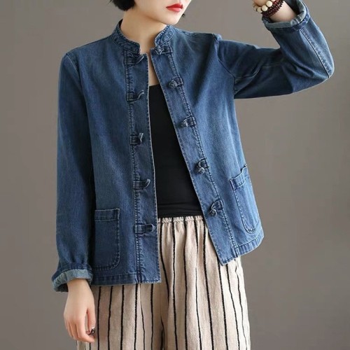 2022 New Arrival Spring/autumn Women Casual Loose O-neck Long Sleeve Coat Embroidery Cotton Denim Single Breasted Coats