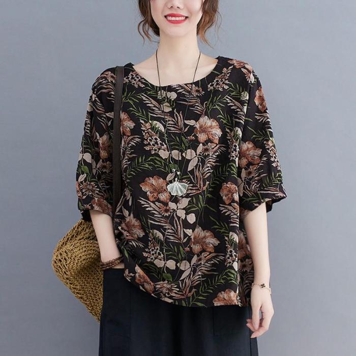 Women Cotton Linen Loose Casual Vintage Floral Print Shirts