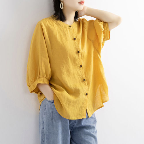 Puff Sleeve Summer Linen Shirts Women Plus Size Clothing Ladies Loose Vintage Tops Short Sleeve Female Shirt Blouse Casual 2022